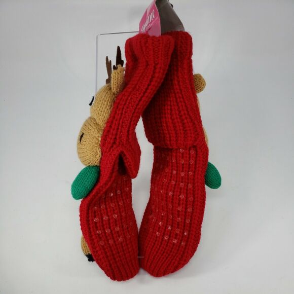 Slipper Socks Anti-Slip Womens Non-Skid Reindeer Hand Made Red Christmas Home - Picture 8 of 12